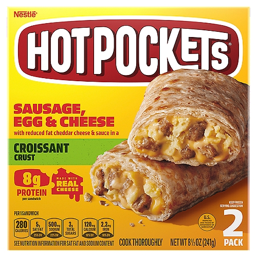 Hot Pockets Sausage, Egg & Cheese Croissant Crust Sandwiches, 2 count, 9 oz
Sausage, Egg & Cheese with Low Fat Mozzarella Cheese & Sauce in a Croissant Crust