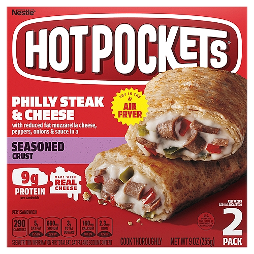 Hot Pockets Philly Steak & Cheese Seasoned Crust Sandwiches, 2 count, 9 oz
Philly Steak & Cheese with Reduced Fat Mozzarella Cheese, Peppers, Onions & Sauce in a Seasoned Crust