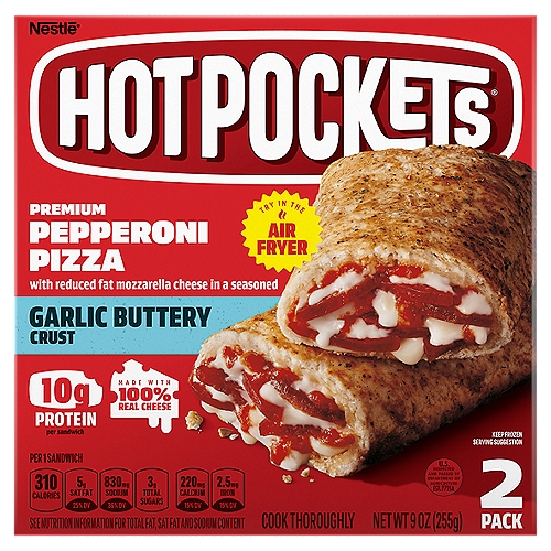 Hot Pockets Premium Pepperoni Pizza Garlic Buttery Crust Sandwiches, 2 count, 9 oz
Premium Pepperoni Pizza with Reduced Fat Mozzarella Cheese in a Seasoned Garlic Buttery Crust