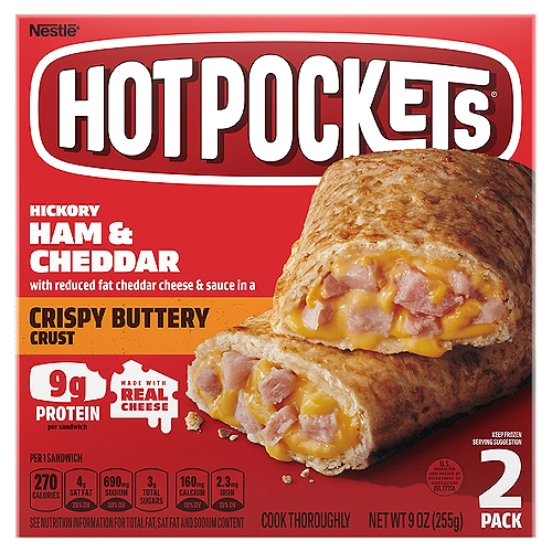 Hot Pockets Hickory Ham & Cheddar Crispy Buttery Crust Sandwiches, 2 count, 9 oz
Hickory Ham & Cheddar with Reduced Fat Cheddar Cheese & Sauce in a Crispy Buttery Crust

Now! 30% more cheese*
*than our previous recipe