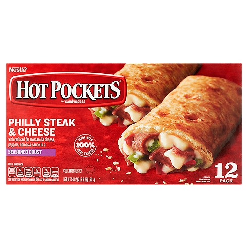 Hot Pockets Philly Steak & Cheese Seasoned Crust Sandwiches, 12 count, 54 oz
Philly Steak & Cheese with Reduced Fat Mozzarella Cheese, Peppers, Onions & Sauce in a Seasoned Crust