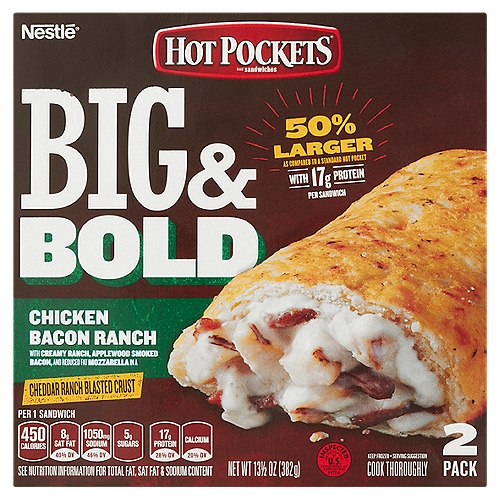 Hot Pockets Big & Bold Chicken Bacon Ranch Sandwiches, 2 count, 13 1/2 oz
Chicken Bacon Ranch with Creamy Ranch, Applewood Smoked Bacon, and Reduced Fat Mozzarella in a Cheddar Ranch Blasted Crust