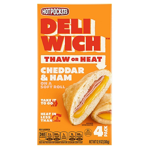 Hot Pockets Deliwich Cheddar & Ham on a Soft Roll Sandwich, 4 count, 12.9 oz
A 'Wich for Any Sitch™
Deliwich™ is Ready to Eat When You Are

Quality Taste Credentials
Whether you're enjoying your Deliwich™ hot or cold, there are some things you shouldn't compromise on. Tasty bread, quality meats & flavorful cheese. To that, we say... Check, check and check.

"Enjoy one sandwich with a side of fresh fruits or veggies"
Herbie Approved
