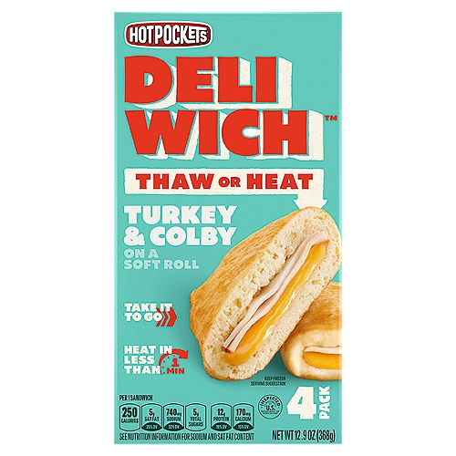 Hot Pockets Deli Wich Turkey & Colby on a Soft Roll Sandwich, 4 count, 12.9 oz
Quality Taste Credentials
Whether you're enjoying your Deliwich™ hot or cold, there are some things you shouldn't compromise on. Tasty bread, quality meats & flavorful cheese. To that, we say...
Check, check and check.
"Enjoy one sandwich with a side of fresh fruits or veggies"