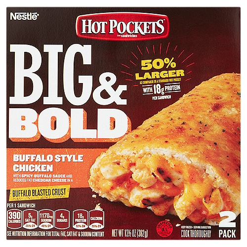 Hot Pockets Big & Bold Buffalo Style Chicken Sandwiches, 2 count, 13 1/2 oz
Buffalo Style Chicken with Spicy Buffalo Sauce and Reduced Fat Cheddar Cheese in a Buffalo Blasted Crust