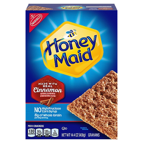 Nabisco Honey Maid Cinnamon Graham Crackers, 14.4 oz
One 14.4 oz box of Honey Maid Cinnamon Graham Crackers
Snack crackers made with real cinnamon for delicious flavor and fun party snacks for kids and adults
Square shaped graham snacks have a crunch in each bite
Serve these cinnamon grahams as fun party crackers or dip these sweet snacks into applesauce for a satisfying snack
Each 31 g serving contains 8 g of whole grain and no high fructose corn syrup
