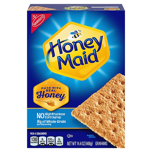 Nabisco Honey Maid Honey Grahams, 14.4 oz
One 14.4 oz box of Honey Maid Honey Graham Crackers
Sweet snacks made with real honey for delicious flavor
Square shaped graham snacks have a crunch in each bite
Enjoy these whole grain crackers as an afternoon snack or stack honey cracker with marshmallows and chocolate for yummy s'mores
Each 31 g serving contains 8 g of whole grain and no high fructose corn syrup