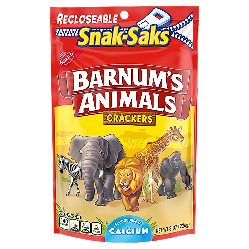 Barnum's Original Animal Crackers, Snak-Sak, 8 oz
One 8 oz Snak-Sak bag of Barnum's Original Animal Crackers
Classic sweet flavor and a crunchy texture make these snack crackers delicious
On the go snack packs of circus-themed crackers come in fun animal shapes
Sweet snacks are a good source of calcium
Individually sealed snack pack keeps animal crackers fresh

Anytime, Anywhere!
Nabisco Snak-Saks are your favorite bite-size cookies available in recloseable bags that are perfect for on-the-go snacking.