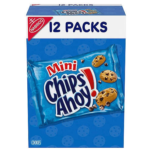 Twelve 1 oz snack packs of CHIPS AHOY! Mini Chocolate Chip Cookies (packaging may vary)
Mini cookies loaded with real chocolate chips
Classic cookies are bite sized and baked to crunchy perfection for delicious lunch snacks or ice cream toppers
Enjoy these CHIPS AHOY! crispy chocolate chip cookies as a treat at school, work or home
Crunchy cookies make perfect party favors and on the go snacks