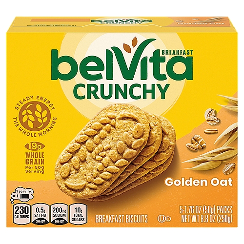 Belvita Golden Oat Breakfast Biscuits, 1.76 oz, 5 count
A delicious start to your morning
BelVita Breakfast Biscuits are a nutritious, convenient breakfast choice that are baked with selected wholesome grains and deliver nutritious steady energy all morning long.