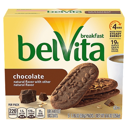 Belvita Chocolate Breakfast Biscuits, 1.76 oz, 5 count
BelVita Breakfast Biscuits are a nutritious, convenient breakfast choice that are baked with selected wholesome grains and deliver nutritious steady energy all morning long.