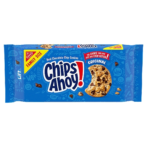 One 18.2 oz, family size package of CHIPS AHOY! Original Chocolate Chip Cookies (packaging may vary)
Classic cookies loaded with real chocolate chips
Crispy chocolate chip cookies baked to have the perfect amount of crunch
Enjoy these CHIPS AHOY! cookies as a dessert or treat at school, work or home
Crunchy cookies are perfect for parties and family gatherings