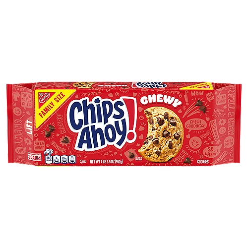 CHIPS AHOY! Chewy Chocolate Chip Cookies, Family Size, 19.5 oz
Now! Better tasting!*
*Among those with a Preference

One 19.5 oz package of CHIPS AHOY! Chewy Chocolate Chip Cookies
Soft, chewy cookies made with chocolate for a delicious treat
Classic cookies baked to be perfectly soft and chewy
Treat yourself to these Chewy CHIPS AHOY! soft cookies at school, work or home
Chewy cookies perfect for sharing with friends and family, using as party favors or enjoying on your own
