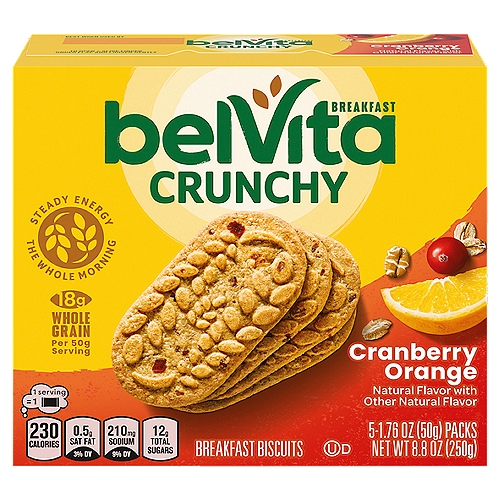 Belvita Cranberry Orange Breakfast Biscuits, 1.76 oz, 5 count
A delicious start to your morning
BelVita Breakfast Biscuits are a nutritious, convenient breakfast choice that are baked with selected wholesome grains and deliver nutritious steady energy all morning long.