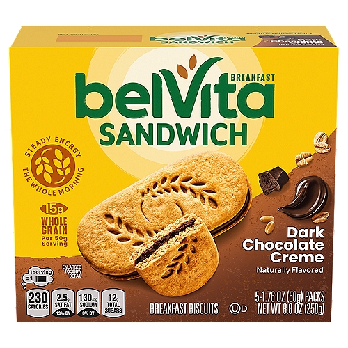 Belvita Sandwich Dark Chocolate Creme Breakfast Biscuits, 1.76 oz, 5 count
Belvita Breakfast Biscuits are a delicious, convenient breakfast choice, baked with selected wholesome grains.

They contain slow-release carbs that break down gradually in the body, to deliver delicious, steady energy all morning long.