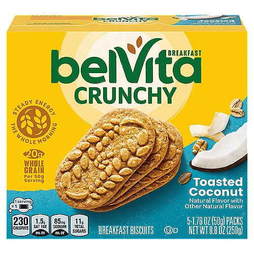 Belvita Toasted Coconut Breakfast Biscuits, 1.76 oz, 5 count
One box with 5 packs (4 biscuits per pack) of belVita Toasted Coconut Breakfast Biscuits (packaging may vary)
Crunchy coconut breakfast biscuits made with whole grains
Specially baked to release up to 4 hours of nutritious steady energy
No high-fructose corn syrup and no artificial flavors or sweeteners
3 g of fiber per 50 g serving