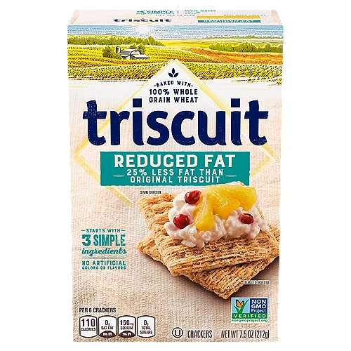 Triscuit Reduced Fat Whole Grain Wheat Crackers, 7.5 oz
Reduced Fat Triscuit Has 2.5g Fat per Serving Compared to 3.5g in Original Triscuit

Made Simply
Cook the Wheat
Shred and Weave the Wheat Together
Bake to Golden Perfection