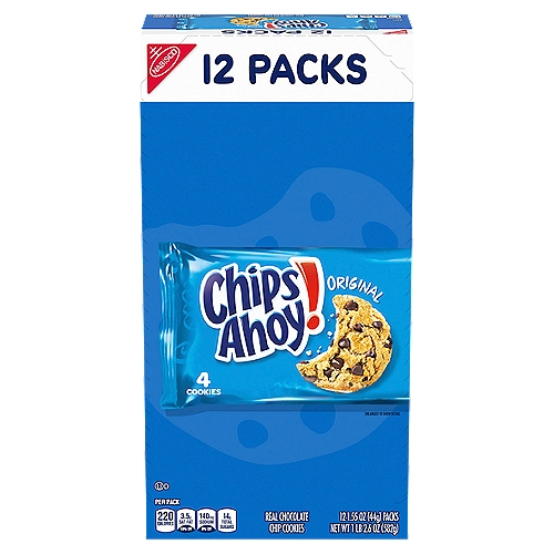 CHIPS AHOY! Original Chocolate Chip Cookies, 12 Snack Packs
Includes twelve 1.55oz snack packs of CHIPS AHOY! Original Chocolate Chip Cookies (packaging may vary)
These crowd-pleasing crunchy cookies packed with real chocolate chips.
CHIPS AHOY! delivers the sweet, delicious taste that America loves! 
Snack packs are ideal for lunch snacks, on the go and sharing with friends.
CHIPS AHOY! Cookies are a kosher food that contains zero trans fats.