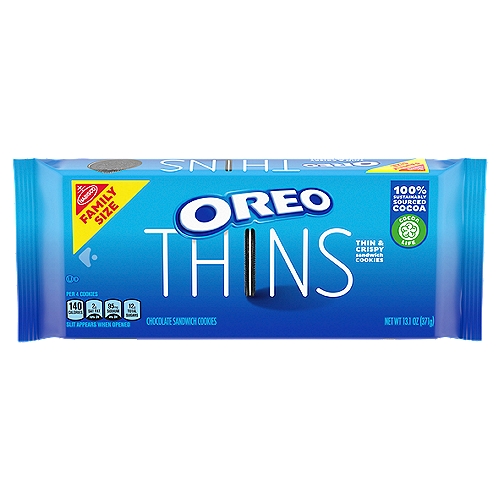 OREO Thins Chocolate Sandwich Cookies, Family Size, 13.1 oz
This package contains one 13.1 oz family size pack of OREO Thins Chocolate Sandwich Cookies (packaging may vary)
Packable, snackable, and forever dunkable, OREO Thins make for a lighter, crispier afternoon pick-me-up, shareable snack, or sweet treat
Each serving of cookies is only 140 calories and Kosher, made with real cocoa, and has zero trans fats
Great for gatherings, lunchboxes, road trips, and more. Everyone's favorite cookie will sweeten the day for family, friends and colleagues, or just for yourself!
Nothing compares to the iconic OREO. The classic combo of cream sandwiched between two chocolate cookies has been winning hearts (and stomachs) for over 100 years

A Thin & Crispy Twist on the Oreo Cookie You Love