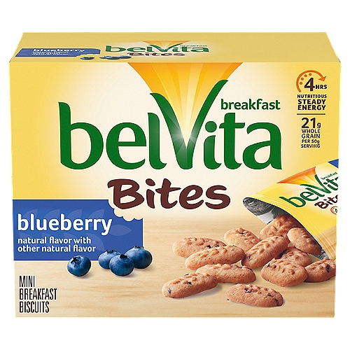 Belvita Bites Blueberry Mini Breakfast Biscuits, 1.76 oz, 5 count
One box with 5 packs of belVita Bites Blueberry Breakfast Biscuits
Mini blueberry biscuits made with wholesome grains and specially baked to release up to 4 hours of steady energy
Cholesterol free breakfast bites with no high-fructose corn syrup and no artificial colors, flavors or sweeteners
Replace your usual breakfast snack with these delicious, convenient mini breakfast cookies
Individual snacks that are perfect for enjoying on the go, at the office or at home