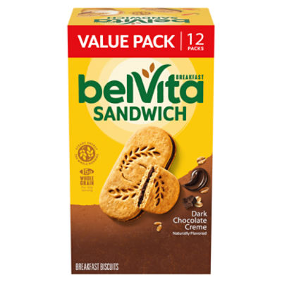 belVita Breakfast Sandwich Dark Chocolate Creme Breakfast Biscuits, Value Pack, 12 Packs (2 Sandwiches Per Pack)