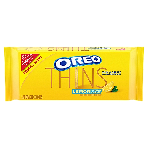 Nabisco Oreo Thins Lemon Flavor Creme Sandwich Cookies Family Size, 13.1 oz
One 13.1 oz family size pack of OREO Thins Lemon Flavored Creme Sandwich Cookies (packaging may vary)
Golden OREO thins with lemon flavored creme
Lemon creme and thin crispy cookie adds a twist to Lemon Sandwich Cookies
Thin cookies are sweet snacks that are great for unleashing your playful spirit after a long day
Resealable container of OREO lemon creme sandwich cookies helps keep lemon cookie snacks freshOne 13.1 oz family size pack of OREO Thins Lemon Flavored Creme Sandwich Cookies (packaging may vary)
Golden OREO thins with lemon flavored creme
Lemon creme and thin crispy cookie adds a twist to Lemon Sandwich Cookies
Thin cookies are sweet snacks that are great for unleashing your playful spirit after a long day
Resealable container of OREO lemon creme sandwich cookies helps keep lemon cookie snacks fresh
