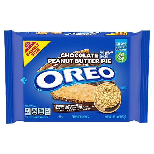 Nabisco Oreo Chocolate Peanut Butter Pie Sandwich Cookies Family Size, 1 lb
One 17 oz Family Size package of OREO Chocolate Peanut Butter Pie Sandwich Cookies (packaging may vary)
Graham-flavored OREO cookie with chocolate and peanut butter-flavored creme filling
Sandwich cookies are perfectly dunkable and great for parties, road trips, and school lunches
Resealable package helps keep snack cookies fresh
Cocoa Life: 100% Sustainably Sourced Cocoa; OREO partners with Cocoa Life to help support sustainable cocoa sourcing, see the Cocoa Life website for details