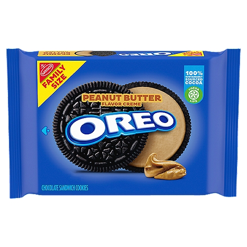 Nabisco Oreo Peanut Butter Flavor Creme Chocolate Sandwich Cookies Family Size, 1 lb 1 oz
One 17 oz Family Size package of OREO Peanut Butter Creme Chocolate Sandwich Cookies (packaging may vary)
Chocolate wafers filled with peanut butter creme
Kosher peanut butter sandwich cookies are perfectly dunkable
Great for parties, road trips, and school lunches
Cocoa Life: 100% Sustainably Sourced Cocoa; OREO partners with Cocoa Life to help support sustainable cocoa sourcing, see the Cocoa Life website for details