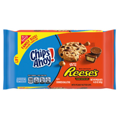 CHIPS AHOY! Cookies with Reese's Peanut Butter Cups, Family Size, 14.25 oz Pack
1 - 14.25 oz family size pack of CHIPS AHOY! Cookies with Reese's Peanut Butter Cups.
CHIPS AHOY! chocolate chip cookies are made with real chocolate and are a classic American treat.
Resealable packs help your cookies stay fresh, which means you can look forward to enjoying (or sharing) a crunchy CHIPS AHOY! cookie whenever you'd like.
Try a twist on the iconic chocolate chip cookie with this crunchy treat, which is packed with real chocolate chips, pieces of milk chocolate Reese's Peanut Butter Cups, and peanut butter chips.
Fun lives in each pack of CHIPS AHOY! cookies. With family-size cookies, you'll be able to keep things sweet and simple, from desserts and after-lunch treats to holidays and small parties.