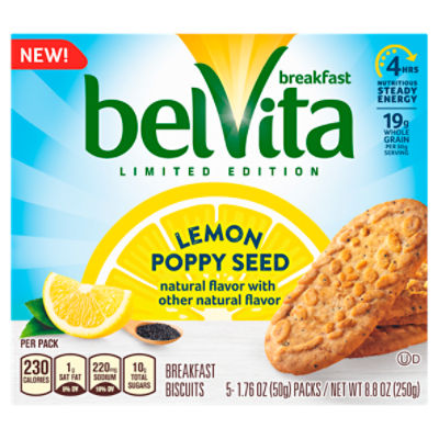 belVita Lemon Poppy Seed Breakfast Biscuits, Limited Edition, 5 Packs (4 Biscuits Per Pack)