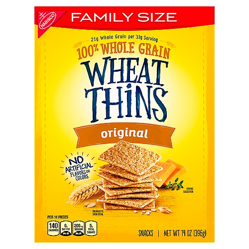 Nabisco Wheat Thins Original Snacks Family Size, 14 oz
Wheat Thins Original Snacks have 21g whole grain per 31g serving. Nutritionists recommend eating 48g or more of whole grains throughout the day.