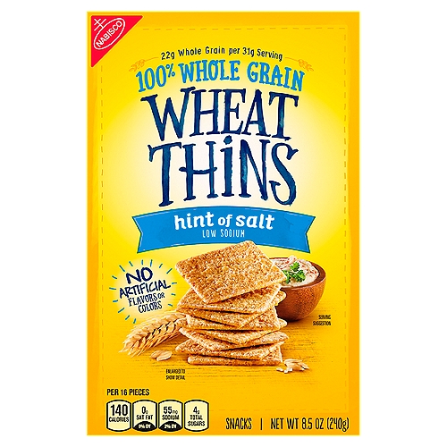 Nabisco Wheat Thins Hint of Salt Snacks, 8.5 oz
Wheat Thins Hint of Salt Snacks have 22g whole grain per 31g serving. Nutritionists recommend eating 48g or more of whole grains throughout the day.