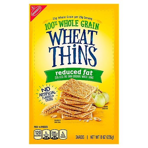 Nabisco Wheat Thins Reduced Fat Snacks, 8 oz
Reduced Fat Wheat Thins contain 3.5g fat per serving compared to 5g in Original Wheat Thins

Wheat Thins Reduced Fat Snacks have 21g whole grain per 29g serving. Nutritionists recommend eating 48g or more of whole grains throughout the day.