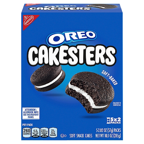 OREO Cakesters Soft Snack Cakes, 5 - 2.02 oz Snack Packs
Cakesters Soft Snack Cakes
Enjoy OREO Cakesters creme filling sandwiched between two soft-baked chocolate cakes
OREO soft snack cake, a delicious twist on America's Favorite OREO chocolate sandwich cookies taste
Delicious soft snack cakes for home and office snacks, or for easy on-the-go enjoyment
Each pack includes 2 Cakesters snack cakes making them an easy to pack snack that's fun to share or to enjoy all on your own