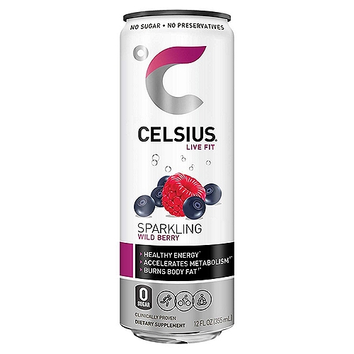 Celsius Sparkling Wild Berry Energy Drink, 12 fl oz
CELSIUS® is functional, Essential Energy, a better-for-you, premium alternative to traditional energy drinks. As a global, lifestyle fitness drink, CELSIUS® was created to help people LIVE FIT, exceed their goals and elevate their everyday lives. Made with proven, premium ingredients, 7 Essential Vitamins and zero sugar, no artificial colors, no aspartame, no high fructose corn syrup and non-GMO. CELSIUS® is vegan, gluten-free and Kosher.
Our proprietary MetaPlus blend contains green tea extract with EGCG. It also includes guarana seed extract, ginger root for flavor and digestion, vitamin C to help support your immune system, vitamin B for energy production, and chromium to help control hunger, making it an ideal pre-workout drink.
Make CELSIUS® your go to choice for Essential Energy!