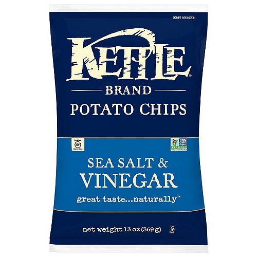 Kettle Brand Sea Salt & Vinegar Potato Chips Party Size, 13 oz
Kettle Brand Salt & Vinegar kettle chips start with a search for undisputed potato excellence. Determined not to disrupt the flawless, spudsy goodness, these beauties are kettle cooked, skins on, one batch at a time. Delight your taste buds with our take on this flavorful favorite with a balance of sea salt with a hint of tongue-puckering vinegar. And of course, these chips come complete with the satisfying crunch you love. When you open a bag of our Kettle Brand potato chips, you know you're getting incredible kettle chips made with authentic recipes by real people. From their farms to our kitchens and then to your home, the time and attention every Kettle Brand worker puts into their products is care you can trust. All that, plus Kettle Brand chips deliver a delicious snack that's non-GMO Project Verified, and Certified Gluten-Free. This 13-ounce party size bag is great for parties, tailgates, and other gatherings. Kettle Brand potato chips. Extra in a good way.