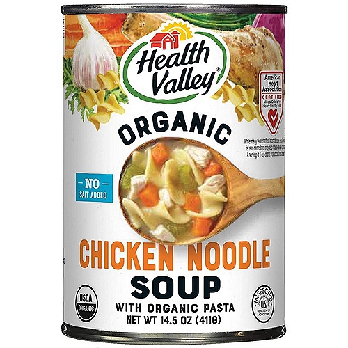While many factors affect heart disease, diets low in saturated fat and cholesterol may help reduce the risk of this disease. A serving of 1 cup of this product conforms to such a diet.

Our Organic ingredients
Chicken, carrots, celery, noodles, onion powder, garlic, Plus organic spices

Non-BPA Lining†
†Can lining not derived from BPA