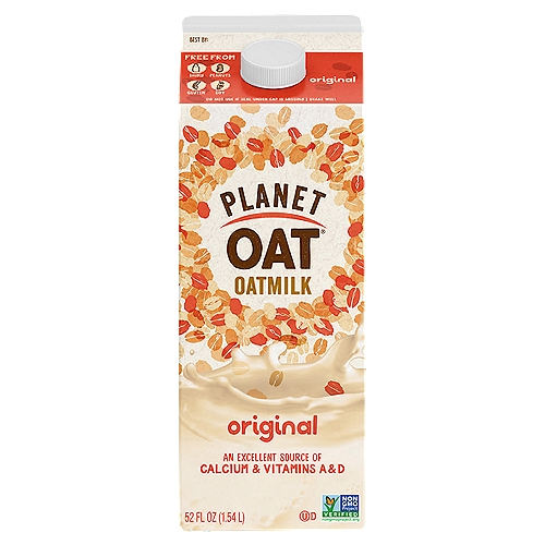 The one that started it all! Rich, creamy, and just a bit sweet, Planet Oat Original Oatmilk is a delicious choice to be enjoyed in coffee, cereal, your favorite recipes, or simply by the glass. Free From: Dairy, Lactose, Gluten, Soy, Peanuts, & Tree Nuts, and an Excellent Source of Calcium and Vitamins A & D.