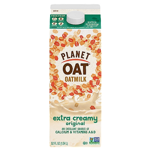 Planet Oat Extra Creamy Original Oatmilk, 52oz
Looking for a little more body? Planet Oat Extra Creamy offers all the rich, smooth, creaminess you can handle. This super-satisfying beverage is great by the glass and in the kitchen. It'll fluff your pancakes, thicken your soups and delight your taste buds. Free From: Dairy, Lactose, Gluten, Soy, Peanuts, & Tree Nuts, and an Excellent Source of Calcium and Vitamins A & D.
Free From: Dairy, Lactose, Gluten, Soy, Peanuts, & Tree Nuts
Pairs great with coffee, cereal, and smoothies
Try it in your favorite baking recipes
An Excellent Source of Calcium and Vitamins A & D
Non-GMO Project Verified
Free from artificial colors, flavors, and preservatives

Out of this World delicious & nutritious!
Enjoy Oatmilk in So Many Ways
Fantastic for Foaming a Dairy-Free Latte!
Start Your Day with a Hearty Breakfast
Great by the Glass
Where It All Begins