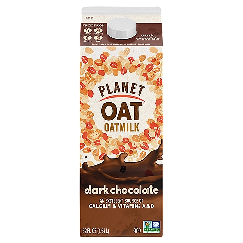 Planet Oat Dark Chocolate Oatmilk, 52oz
This is not just chocolate...it's dark chocolate! And if you know your stuff, you know what that means. It's a sophisticated, not-too-sweet kind of sweet that isn't easy to find. Semi-sweet, fully sophisticated. Free From: Dairy, Lactose, Gluten, Soy, Peanuts, & Tree Nuts, and an Excellent Source of Calcium and Vitamins A & D.
Non-GMO Project Verified
Free from artificial colors, flavors, and preservatives
Try it in your favorite recipes or desserts

Out of this World deliciously chocolatey!
Enjoy Oatmilk in So Many Ways
Substitute 1:1 for Milk in Baking
Start Your Day with a Hearty Breakfast
Great by the Glass