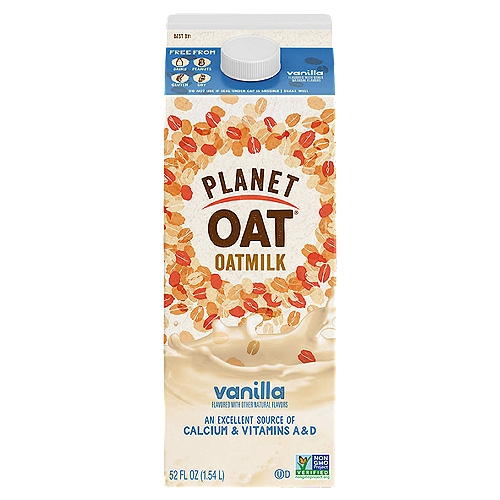 Planet Oat Vanilla Oatmilk, 52 fl oz
Love the subtle sweetness of vanilla? Then you'll love our Vanilla Oatmilk. Natural vanilla flavor lends a rich, sweet, extra something-something to this blend. Perfect in smoothies, coffee, and baking. Free From: Dairy, Lactose, Gluten, Soy, Peanuts, & Tree Nuts, and an Excellent Source of Calcium and Vitamins A & D.