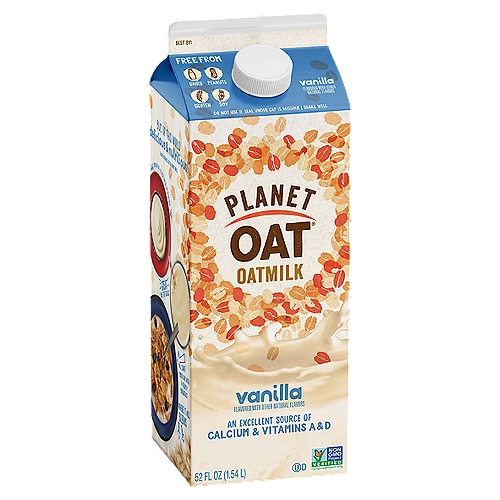 Planet Oat Vanilla Oatmilk, 52 fl oz
Free from dairy, peanuts, gluten, soy, lactose, tree nuts, artificial flavors, artificial colors, artificial preservatives