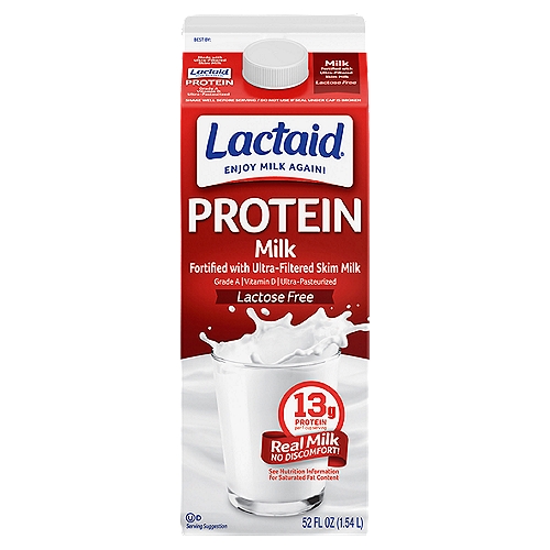 Lactaid Protein Whole Milk, 52 fl oz
<p>Get the protein you want with no discomfort and great taste! 13g of delicious protein in every serving - Lactaid® Protein Whole Milk has 10% more of the daily value of protein per serving compared to regular milk. Perfect for a post-workout snack or as a high-protein ingredient in your favorite recipes!</p><ul><li>52 oz.</li><li>Real Dairy</li><li>100% Lactose Free</li><li>13g delicious protein in every serving</li><li>Excellent source of protein</li></ul>

Delicious, Easy to Digest Milk
No matter what type of Lactaid® Milk you buy, you are getting delicious milk without the lactose.

Per 1 cup serving:
Lactaid® Protein Fortified Milk contains 13g protein, regular milk contains 8g protein.

Choose Lactaid® Protein for:
13g of delicious protein in every serving - 10% more of the daily value of protein per serving compared to regular milk
An easy way to get an extra boost of protein
100% real milk just without the lactose
We're all about delicious taste and easy digestion. It's what we do. Now with Lactaid® Protein you can enjoy your milk and have your protein too!

Produced without rBST**
**To satisfy our consumers, our farmers pledge not to use artificial growth hormones.
Even though the FDA concluded that rBST is safe and that there is no difference between the milk obtained from cows treated with rBST and those that are untreated, we are happy to offer this option in response to your feedback and requests.

Excellent source of protein*
*See nutrition information for saturated fat content