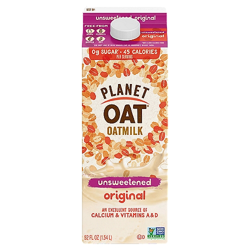 Planet Oat Unsweetened Original Oatmilk, 52 fl oz
<p>For a creamy, delicious plant-based beverage that's light on the sugar, look no further than Planet Oat Unsweetened Original Oatmilk! Delivering all the heavenly creaminess you've come to expect from Planet Oat while containing zero - that's right, ZERO - grams of sugar and 45 calories per serving (not a low calorie food). Made from the goodness of oats, Planet Oat Unsweetened Oatmilk is free from any dairy, lactose, gluten, soy, peanuts and tree nuts, making it a terrific option for everyone! The perfect choice for all of your milk occasions, try Planet Oat Unsweetened Oatmilk in your cereal, smoothies, coffee, or simply by-the-glass! Zero grams of sugar and 45 calories per serving (not a low calorie food). Free From: Dairy, Lactose, Gluten, Soy, Peanuts, & Tree Nuts. Non-GMO Project Verified. An Excellent Source of Calcium and Vitamins A & D. Free from artificial colors, flavors, and preservatives. Just as delicious in cereal and smoothies as it is by-the-glass</P>

0g Sugar*, 45 Calories per Serving
*Not a Low Calorie Food

Out of this World delicious & nutritious!
Enjoy Oatmilk in So Many Ways
Great by the Glass
Start Your Day with a Hearty Breakfast
Fantastic for Foaming