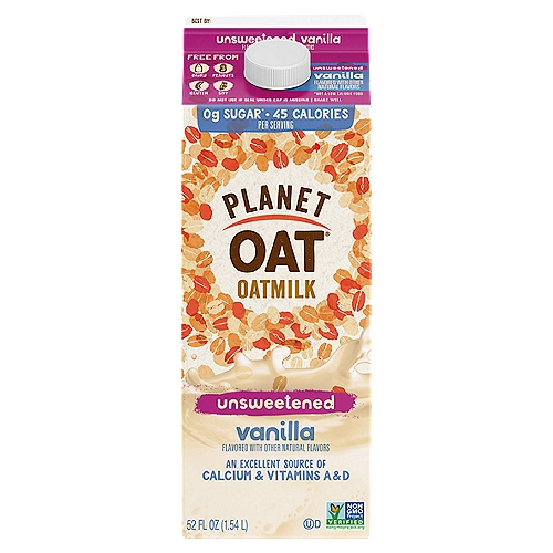 Planet Oat Unsweetened Vanilla Oatmilk, 52 fl oz
For a creamy, delicious plant-based beverage that's light on the sugar, look no further than Planet Oat Unsweetened Vanilla Oatmilk! Delivering all the heavenly creaminess you've come to expect from Planet Oat while containing zero - that's right, ZERO - grams of sugar and 45 calories per serving (not a low calorie food). Made from the goodness of oats, Planet Oat Unsweetened Vanilla Oatmilk is free from any dairy, lactose, gluten, soy, peanuts and tree nuts, making it a terrific option for everyone! The perfect choice for all of your milk occasions, try Planet Oat Unsweetened Vanilla Oatmilk in your cereal, smoothies, coffee, or simply by-the-glass! Zero grams of sugar and 45 calories per serving (not a low calorie food). Free From: Dairy, Lactose, Gluten, Soy, Peanuts, & Tree Nuts. Non-GMO Project Verified. An Excellent Source of Calcium and Vitamins A & D. Free from artificial colors, flavors, and preservatives. Just as delicious in cereal and smoothies as it is by-the-glass