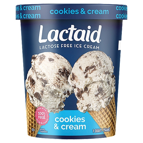 Lactaid Cookies & Cream Lactose Free  Ice Cream, 1 quart
Why settle for one dessert when you could have two? We folded crunchy, chocolate cookies into our 100% lactose free vanilla ice cream for a treat that's twice as nice - for your taste buds and your tummy.