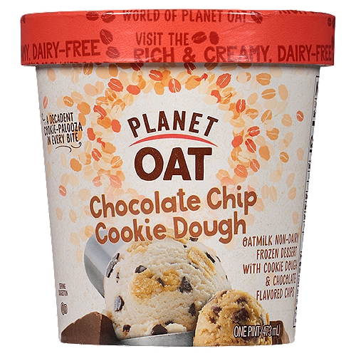 Planet Oat Chocolate Chip Cookie Dough Non-Dairy Frozen Dessert, One Pint
A Rich & Creamy, Indulgent (Non-Dairy) frozen dessert that's Out-of-this-World Delicious? Yes We Did.

Chocolate Chip Cookie Dough. A classic. Chunks of decadent cookie dough perfectly partnered with rich chocolatey chips. Except this one, without any dairy or lactose, can be enjoyed by everyone! So grab a spoon and dig into the out-of-this world taste of Planet Oat Chocolate Chip Cookie Dough Non-Dairy Frozen Dessert!

Oatmilk Non-dairy Frozen Dessert with Cookie Dough & Chocolate Flavored Chips