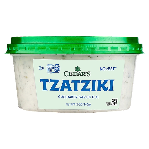 Cedar's Cucumber Garlic Dill Tzatziki, 12 oz
Made with milk from cows not treated with rBST*
*No significant difference has been shown between milk derived from rBST-treated and non-rBST-treated cows.