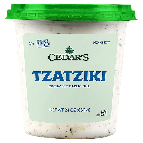 Cedar's Cucumber Garlic Dill Tzatziki, 24 oz
Made with Milk from Cows Not Treated with rBST*
*No significant difference has been shown between milk derived from rBST-treated and non-rBST-treated cows.