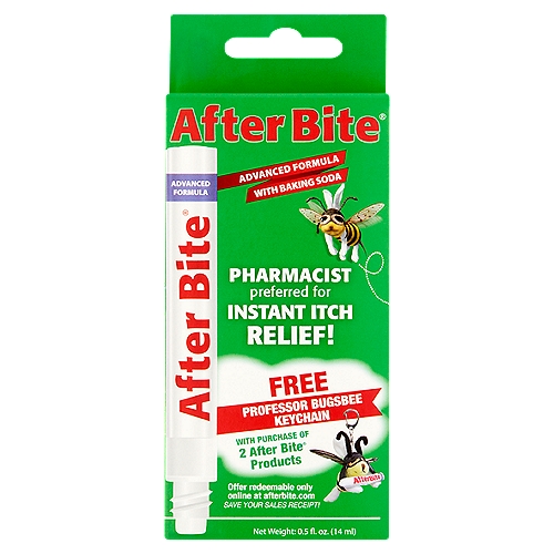 After Bite Itch Eraser, 0.5 fl oz
Be ready for mosquitoes, biting flies, bees & wasps, other insects

Stop the Itch!
After Bite®'s advanced formula with baking soda now provides even better relief for the whole family.
After Bite® makes it easy to instantly stop the itch or sting wherever you are...a hike, the beach, or in your backyard. Don't let insect bites ruin your family fun!

Uses
Temporarily protects and helps relieve minor skin irritation and itching due to
■ Insect bites
■ Poison ivy, oak, or sumac

Drug Facts
Active ingredient - Purpose
Sodium Bicarbonate (Baking Soda) 5% - Skin protectant